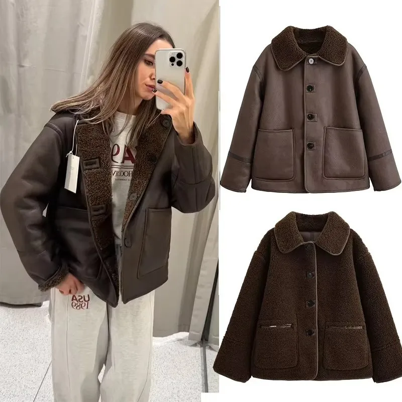 Brown Reversible Faux Shearling Leather Jacket Lapel Collar Button Down Pocket Oversized Short Women Warm Winter Coat 260702