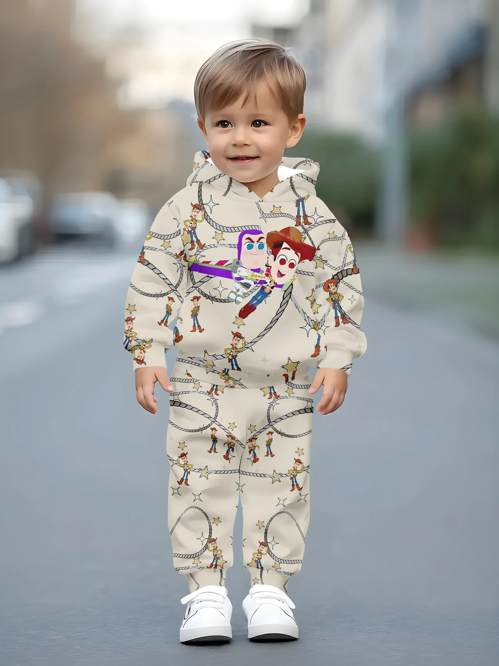 

Children's Toy Story Fun Set, All-Over Print Brand Hoodie and Sweatpants, Trendy Baby Outfit for Spring and Autumn