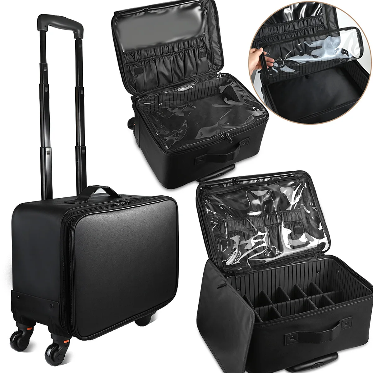 

Makeup Travel Case 2in1 Rolling Cosmetology Train Organizer Detachable Wheels Brush Bag Liftable Trays Nail Hair Tools Storage