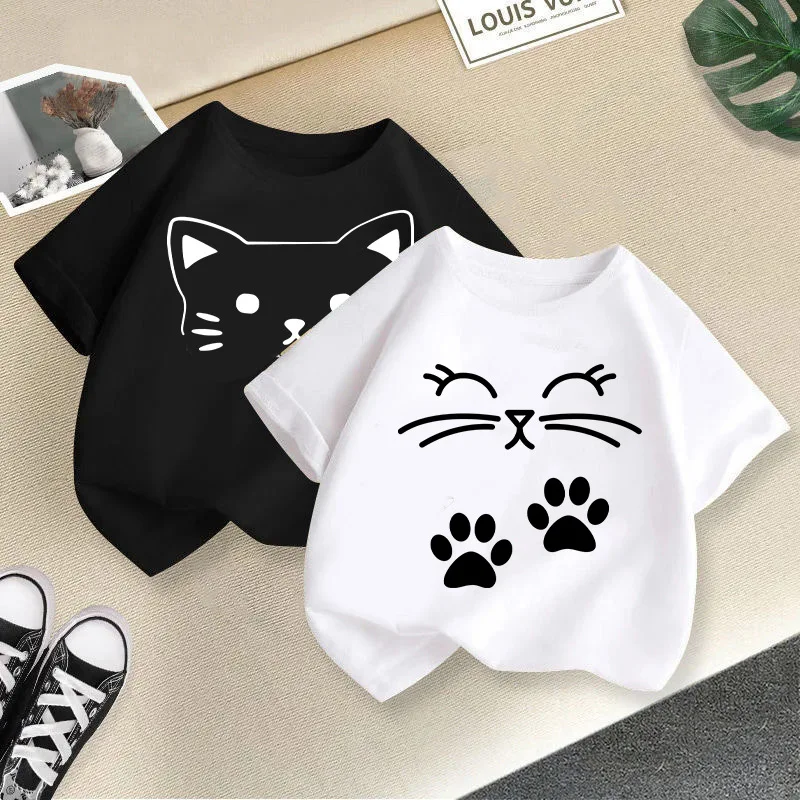 Summer New Cute Cat Animal Print Round Neck Short Sleeved Tee Shirt for Boys and Girls Fashionable and Simple Children's T-shirt