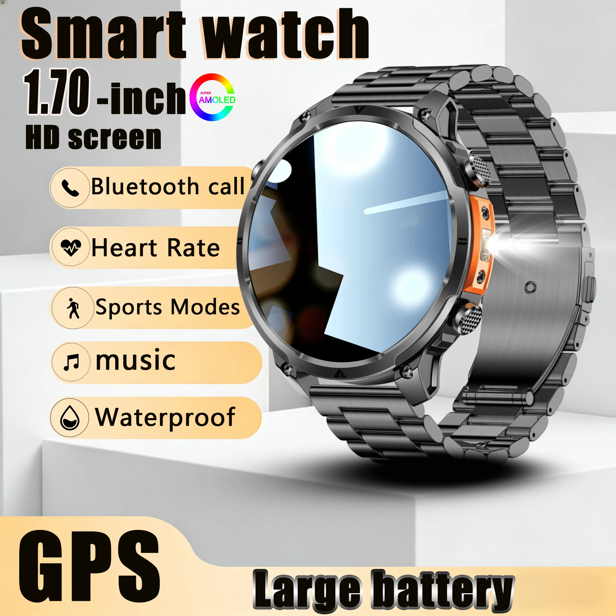 

Смарт-часы 2026 с HD-экраном 1,70 дюйма, аккумулятором 720 мАч, для спорта и активного отдыха, с беспроводными звонками, водонепроницаемые, с LED-фонариком, GPS, мониторингом здоровья, для мужчин и женщин