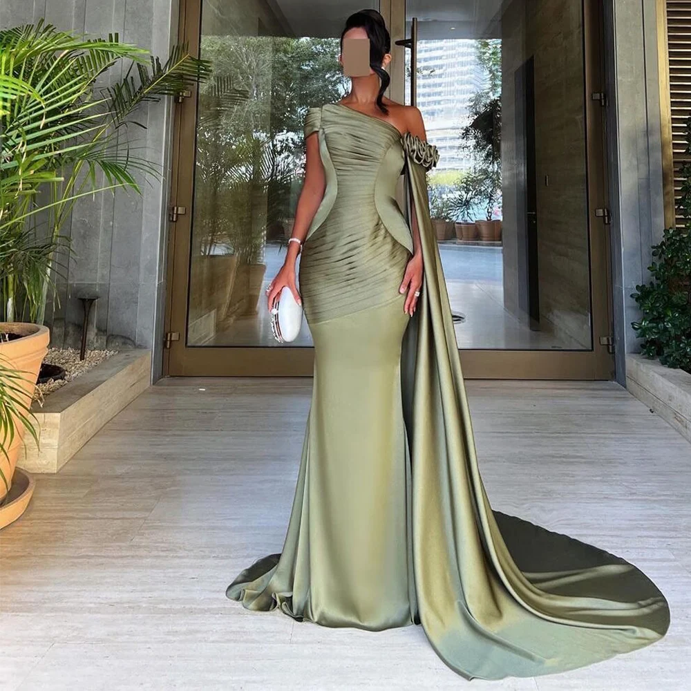 

Classic Special Occasion Dresses Satin Mermaid/Trumpet Prom Dress Blackish Green One-shoulder Tiered 3D flowers Evening Gown