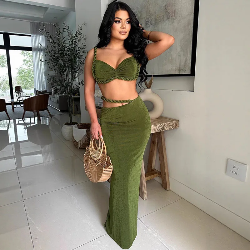 

Сексуальные комплекты вечерних платьев для ночного клуба, женские комплекты из двух предметов на день рождения, укороченный топ на бретельках и длинная юбка, одинаковые комплекты Conjuntos