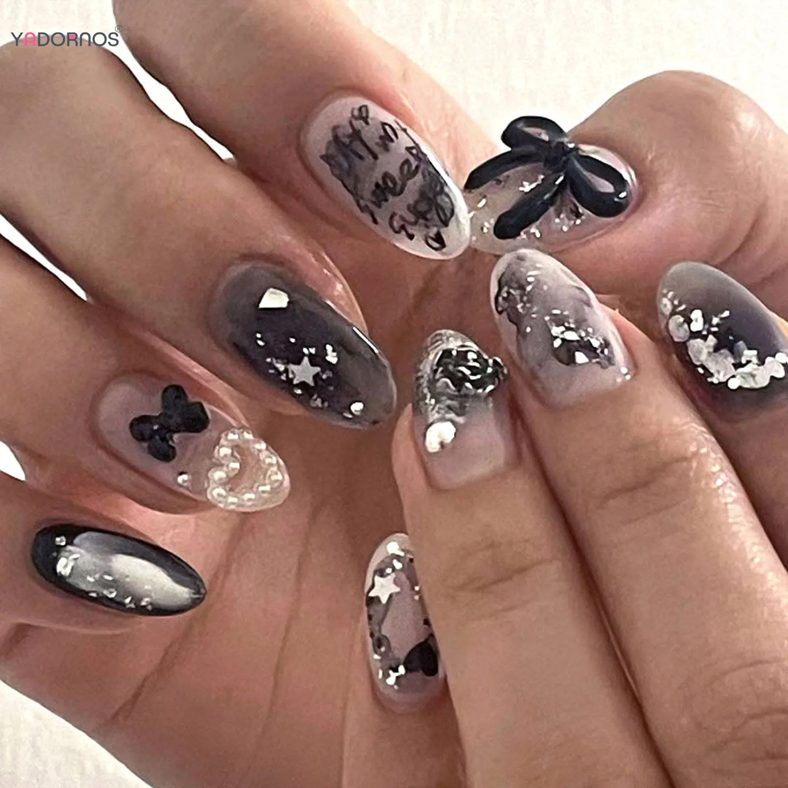 

Fake Nails Almond Shape Black Gradient 3d Butterfly Stars Love Heart With Sequin Decorations 2025 For Professional Salon Art