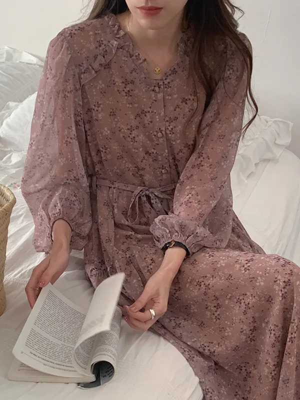 Ele V-Ne bloemen stropdas taille chiffon Dr lange dames Faion lente nieuwe Sle Chic taille cinching jurk met riem