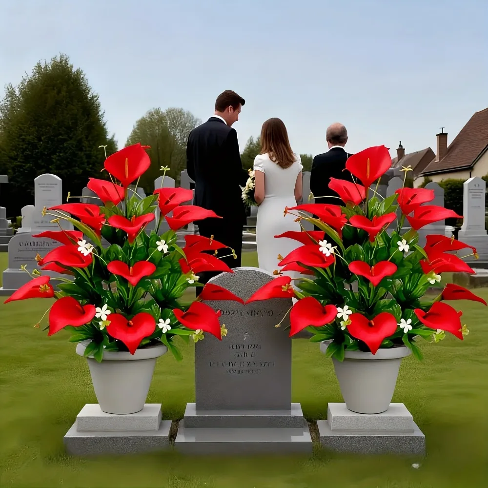 2 Stück künstliche Gladiolen, realistische künstliche Blumen für den Außenbereich mit roten Blütenblättern und grünen Blättern für die Dekoration von Zuhause, Friedhöfen und Hotels – Detail 5