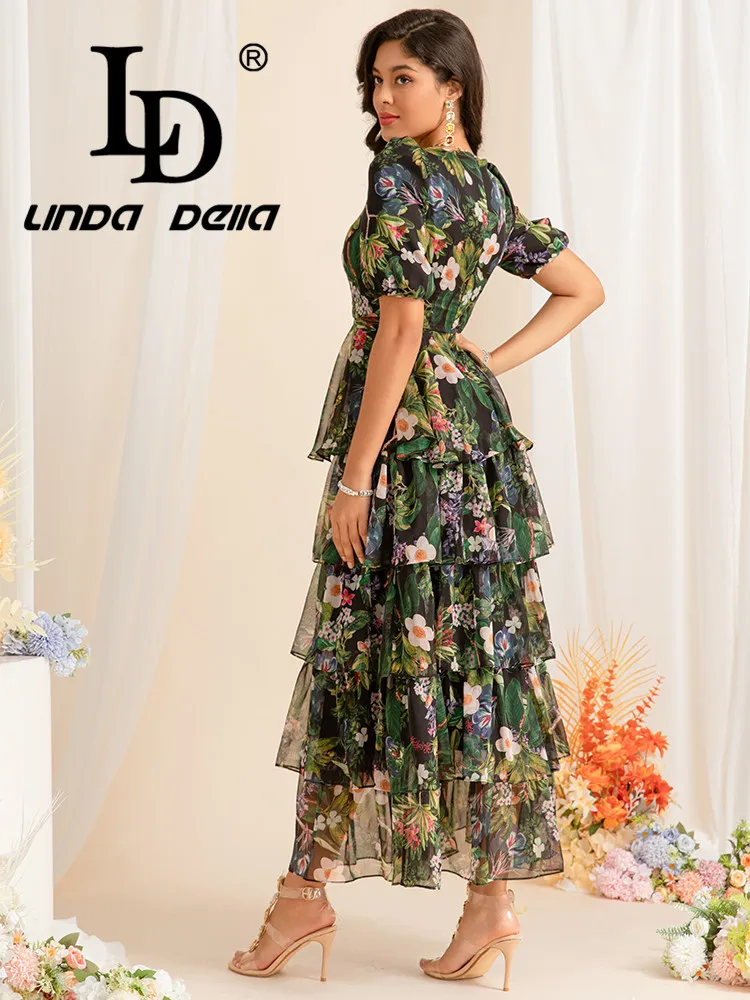 LD LINDA DELLA 2024 Summer New Square Collar Short Sleeve Floral Patchwork Ruffled Long Cake Elegant Long French Print Dress