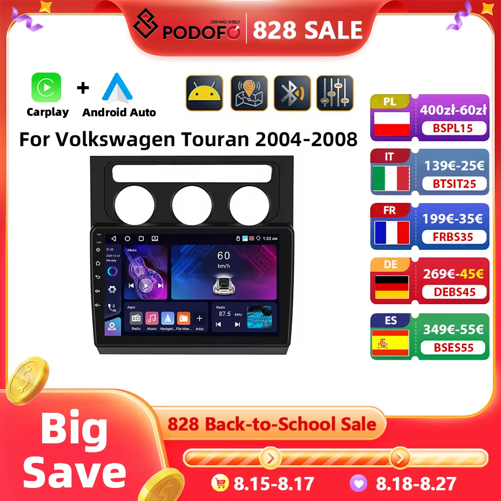 Podofo AI Voice 10.1 ''Car Audio per Volkswagen Touran 2004-2008 lettore multimediale navigazione GPS Carplay Android 8 + 128G FM