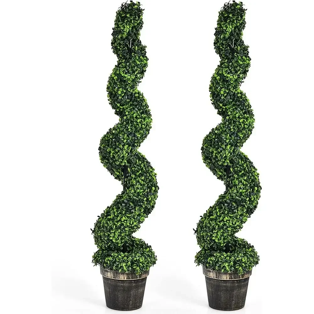

Pair of 4-Foot Artificial Spiral Boxwood Topiary Trees in Cement-Look Plastic Pots for Indoor or Outdoor Home Decor