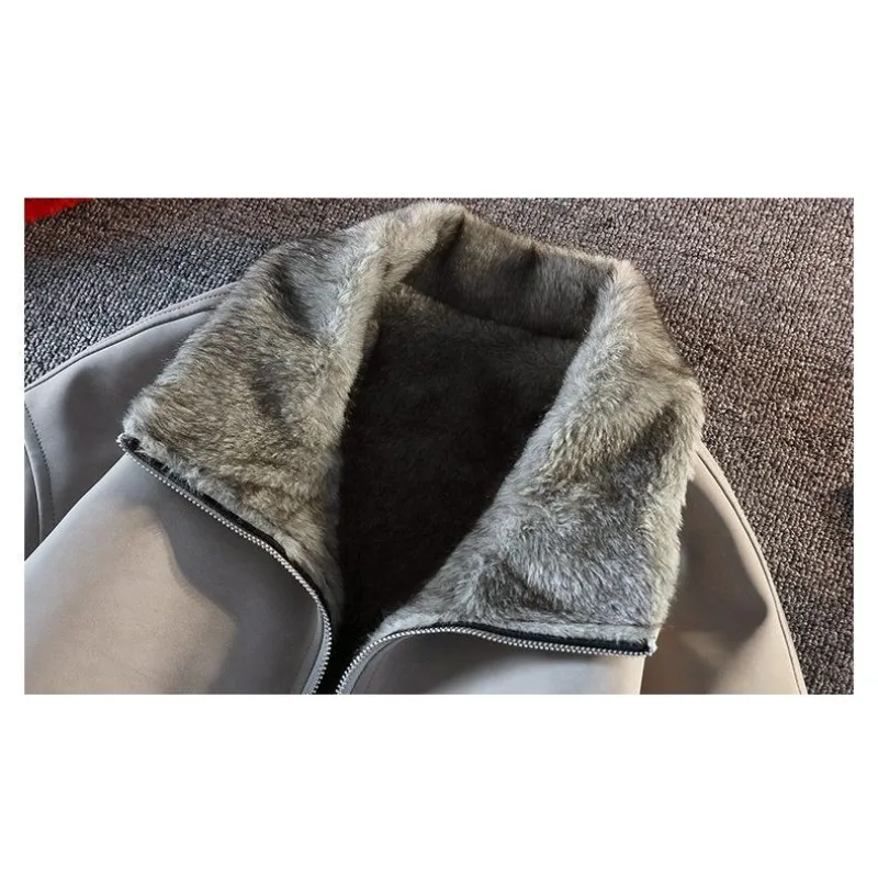 Men's Korean-style Motorcycle Suit Coat Plus-size Versatile Winter Clothin Fleece Thickened Faux Fur One-piece Leather Jacket - view 5