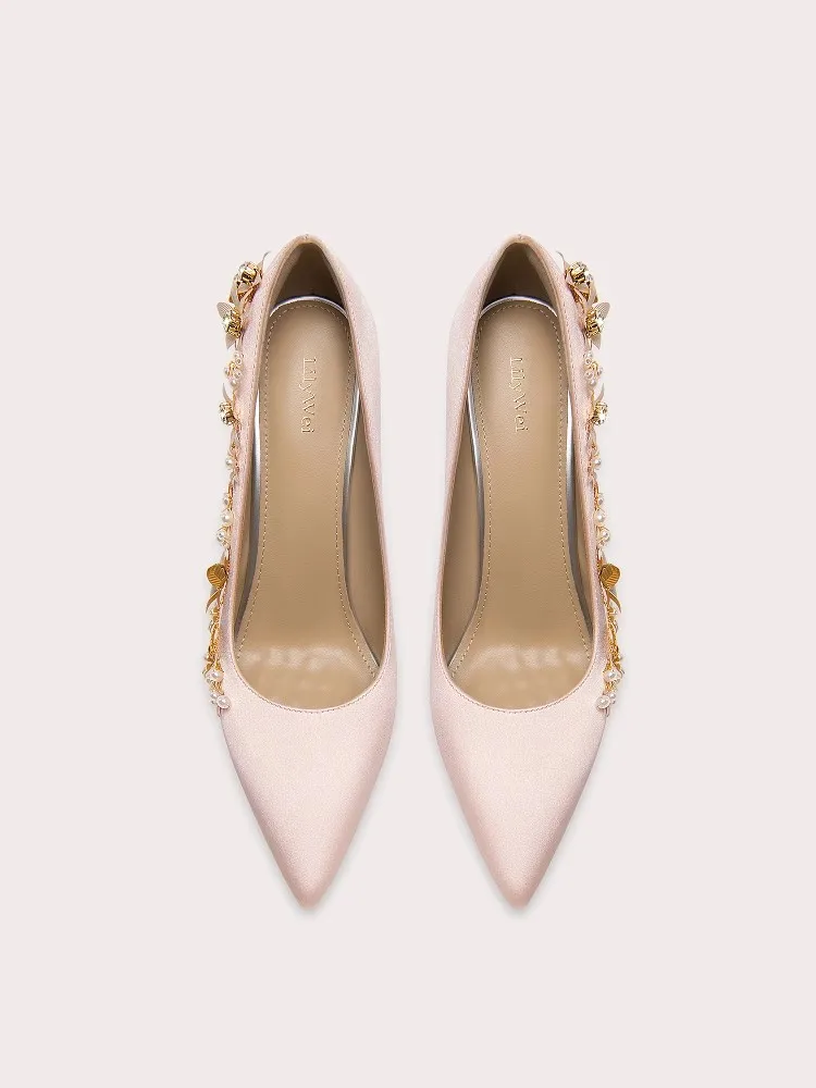 Spring new pointed silk pearl rhinestone low-heeled shoes thin high-heeled banquet dress large size small size women's shoes
