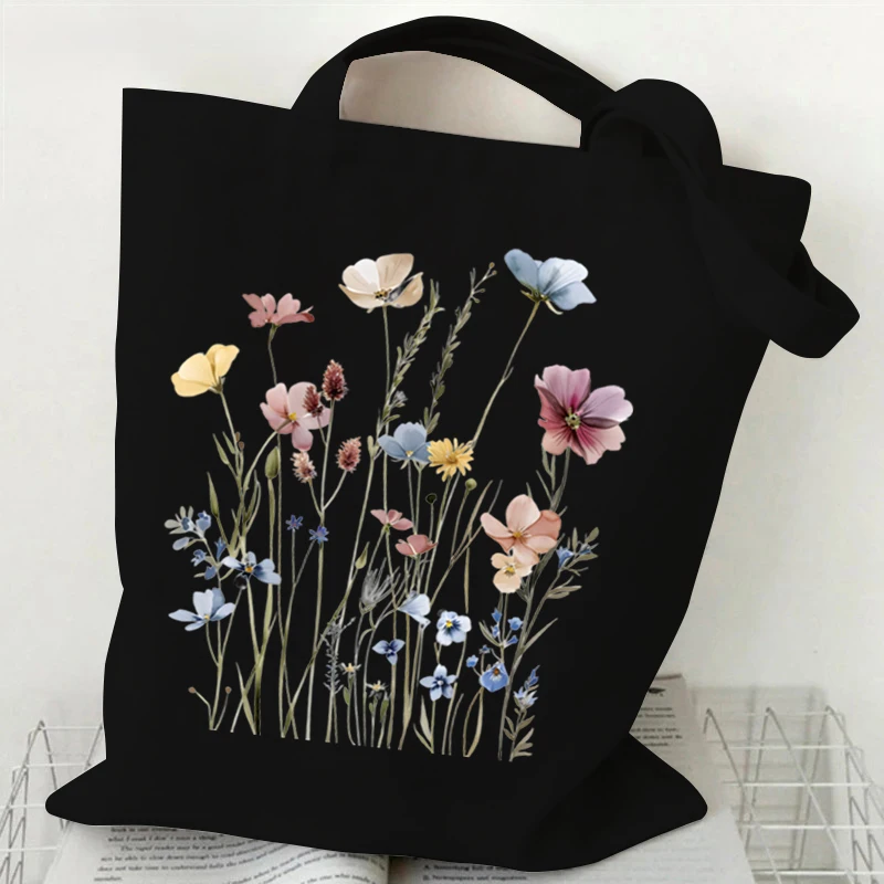 Woman\'s Shoulder Bag Wildflowers Pattern Tote Bags Canvas Shoulder Bags for Travel Daily Commuting Women\'s Reusable Shopping Bag