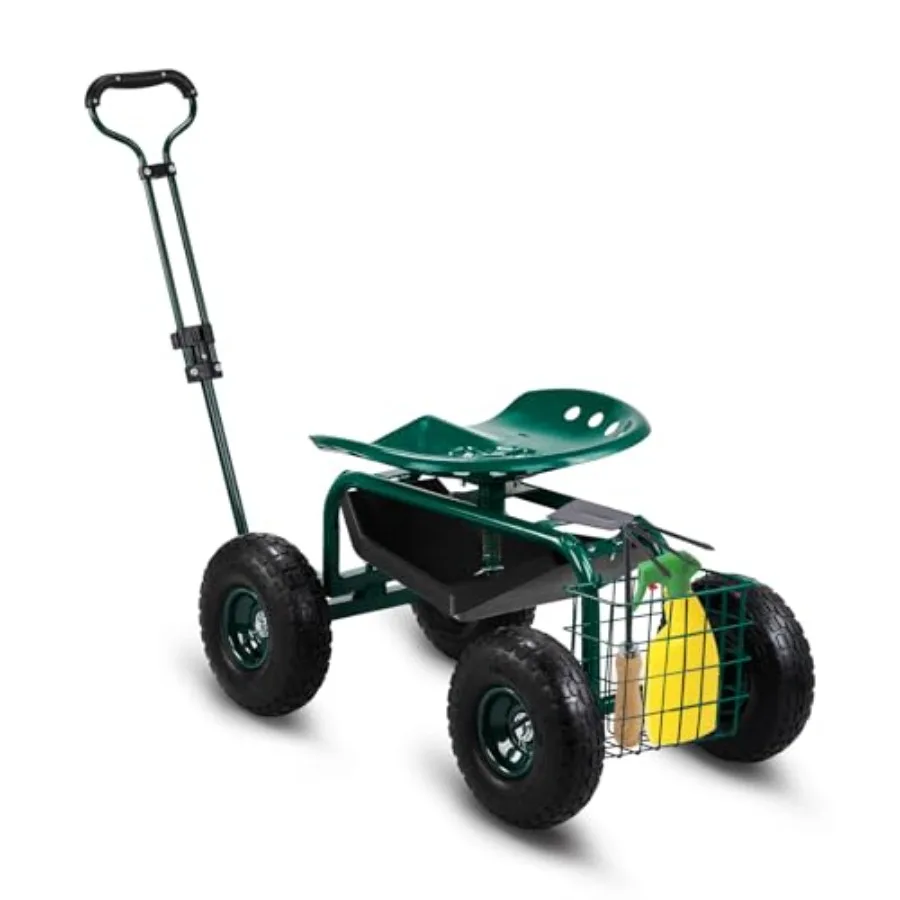 

Садовая тележка-стул с поворотным на 360° сиденьем, отсеком для инструментов, рулем управления и колесами для сада и патио