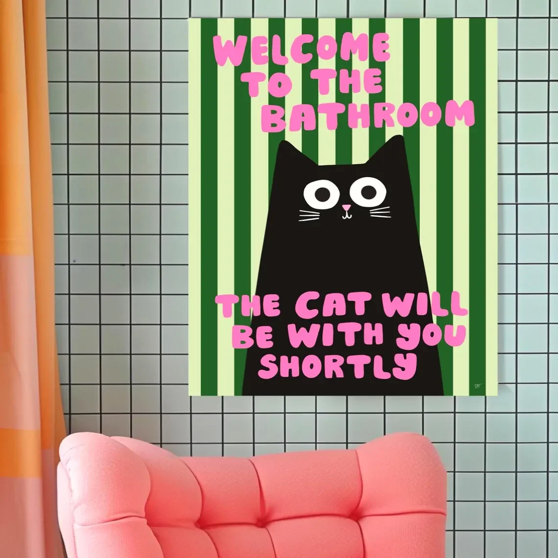 "Playful Black Cat Bathroom Wall Art – ‘Welcome to the Bathroom’ Striped Poster with Vibrant Pink & Green Colors, Perfect Whimsi image 4