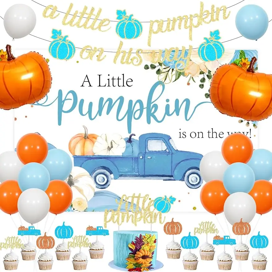 

FANGLELAND Pumpkin Baby Shower Decoration, Orange Blue Balloon Cake Top Paper Cup Cake Top Banner Background party decoration