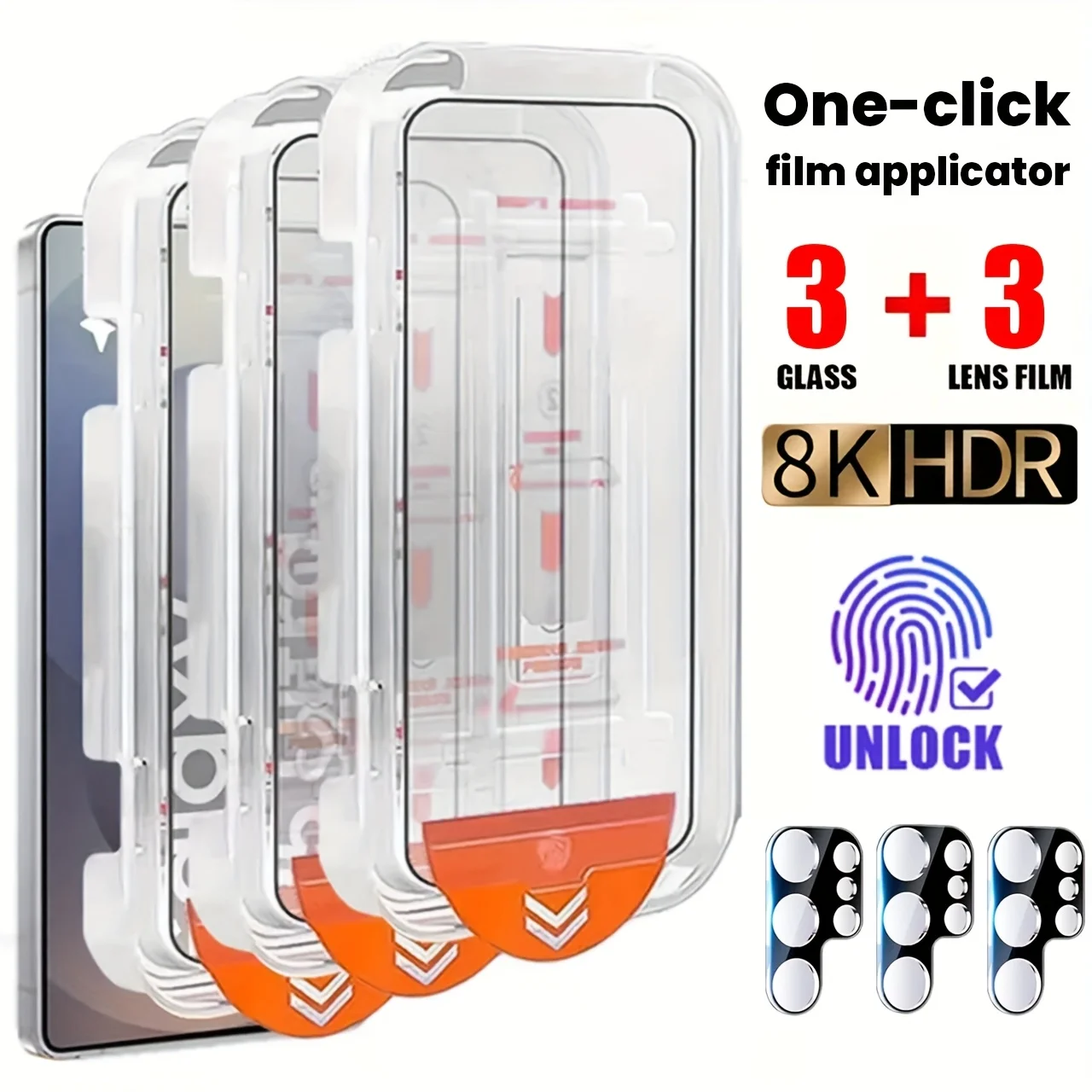 3pcs HD One-click Auto-located Dust-free Film Applicator - Full Cover Tempered Glass + 3pcs Camera Lens Protector