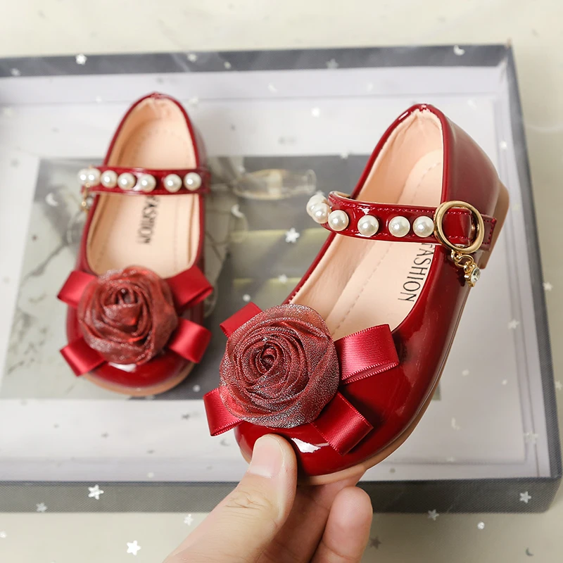 طفل الفتيات الأميرة نمط أحذية من الجلد مع زهرة الورد 2025 جديد الخريف الاطفال ماري جين الباليه الشقق لينة وحيد حفل زفاف #3