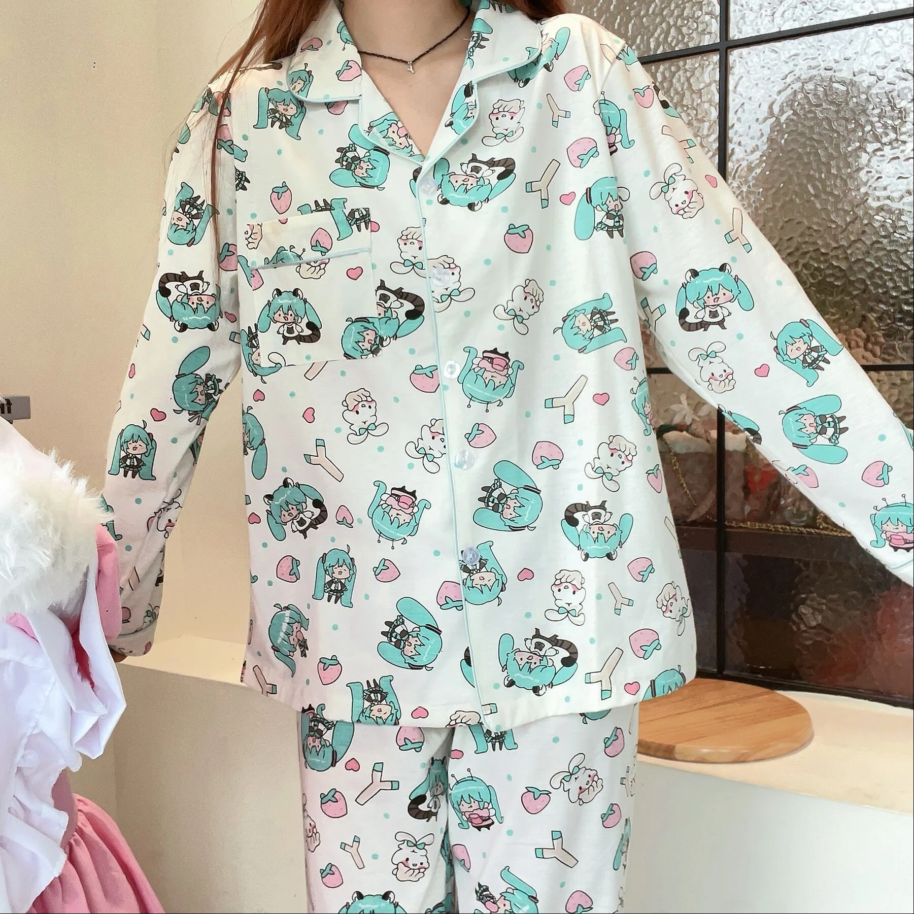 2Pcs Kawaii Anime Hatsune Miku Girs Pajamas Set Sleepwear Cartoon Print Lapel Leisure Loose Long Pants Home Pajama Gift for Fans view 2