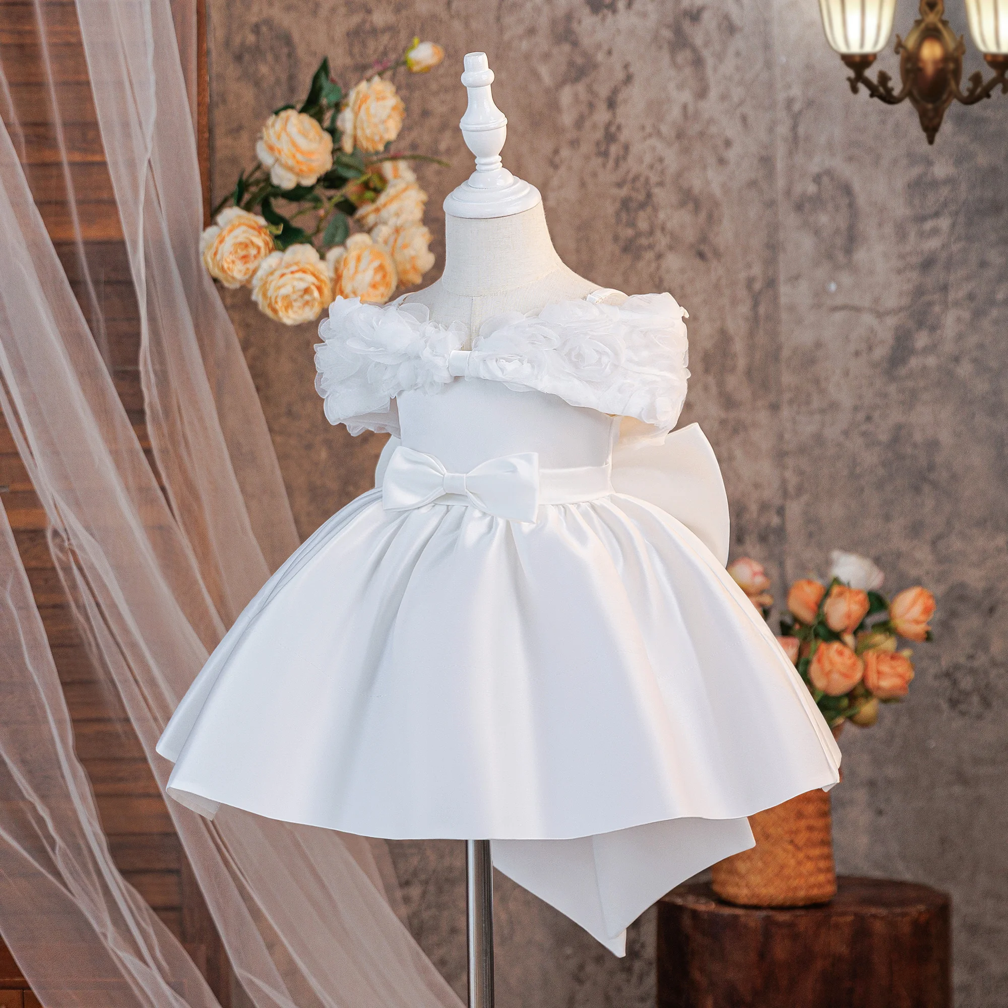 Kleid für Kleinkinder zum 1. Geburtstag, zur Taufe, für Mädchen, mit Schleife, Hochzeitskostüm, elegante Brautjungfernkleider, Prinzessinnenkleider, Festkleid für Mädchen, Kinderkleidung – Detail 3