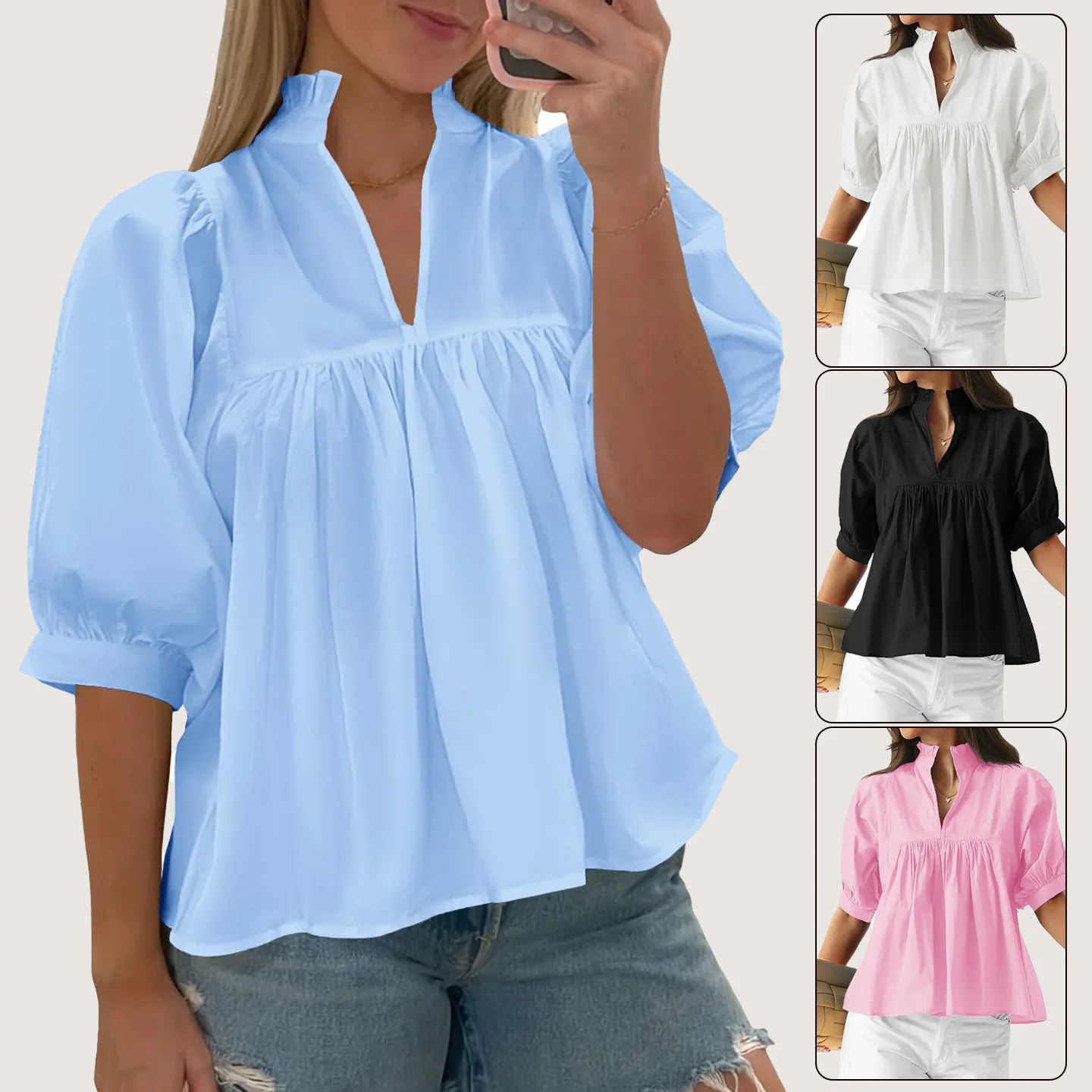 เสื้อเชิ้ตผู้หญิง ดีไซน์หรูหรา สไตล์ลำลอง สำหรับฤดูร้อน คอวี เสื้อผู้หญิง เสื้อเบลาส์