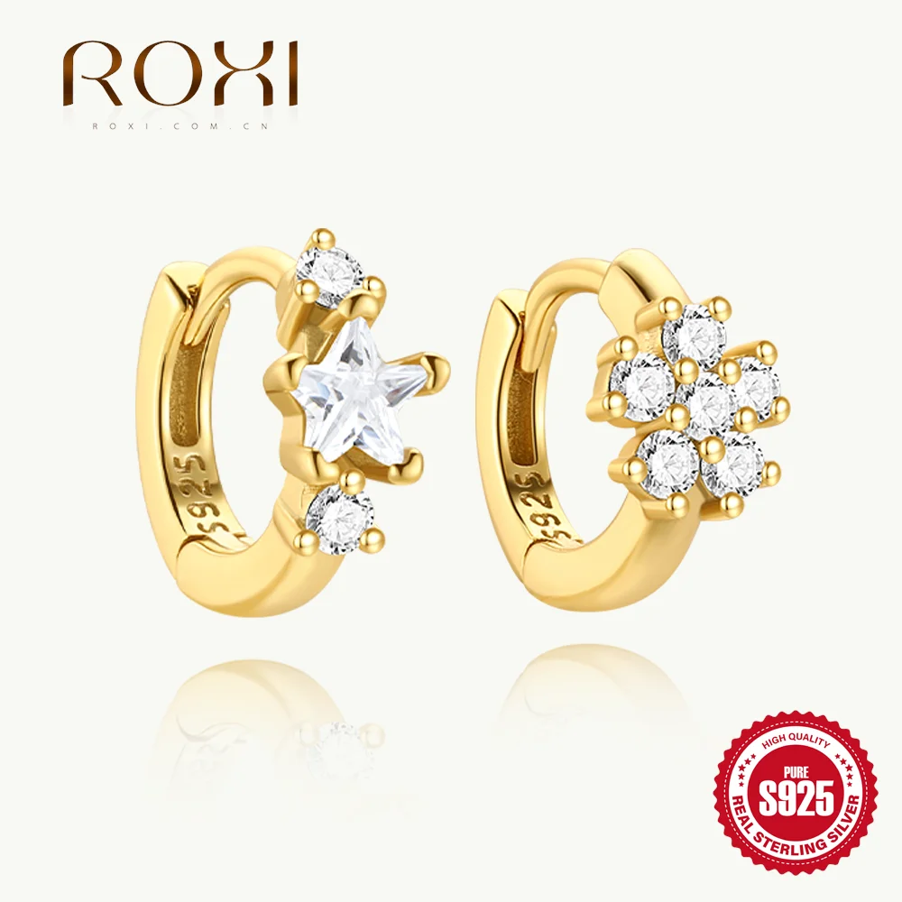 

ROXI 1Piece 925 Sterling Silver Star/Snow Flower Gold Helix Piercing Hoop Earrings For Women INS Fine Jewelry Party Gift