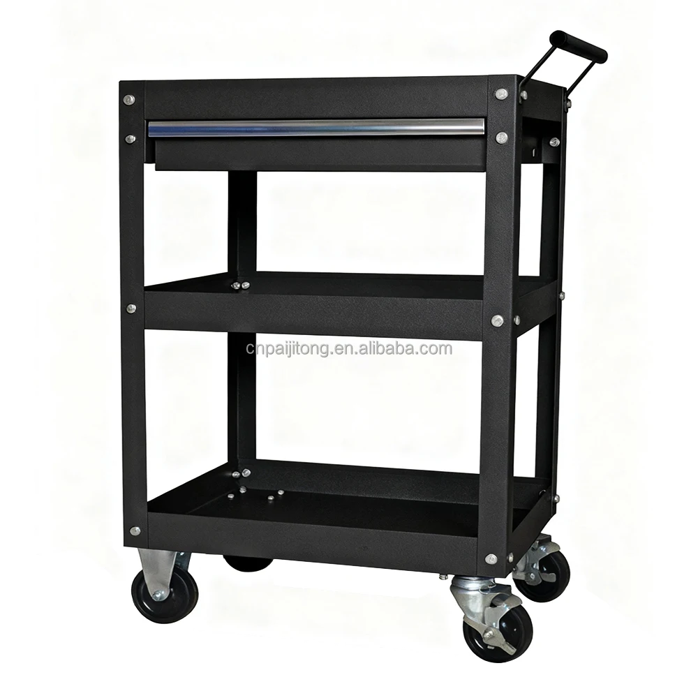 Heavy-Duty 3-Layer Metal Tool Cart Silent Flat Trolley For Warehouse Storage Handling Versatile Tool Cart For Warehouse