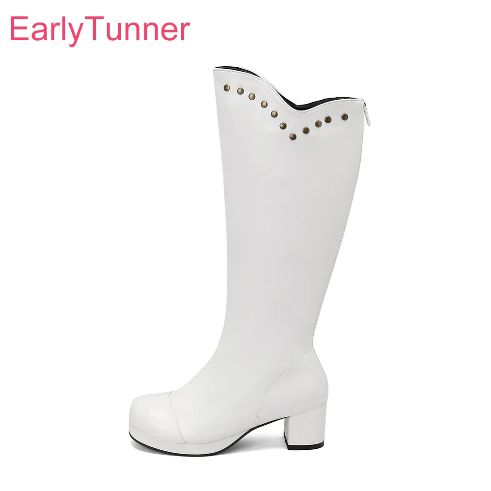  New Winter Comfortable White Purple Women Mid Calf  Boots Med Chunky Heels Lady Shoes Plus Small Big Size 13 30 43 46 50