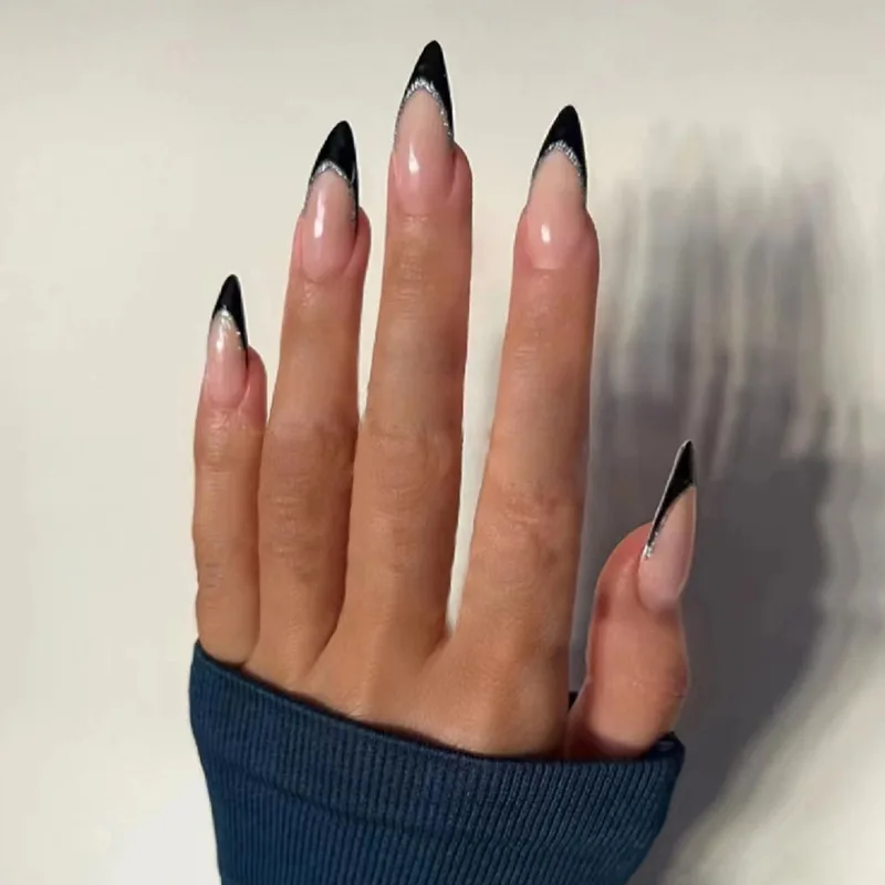 24pcs Simple Almond Shaped Press on Nails Black Sweet and Cool Glitter French False Nails Ladies Wearable Fake Nails Uñas 네일팁
