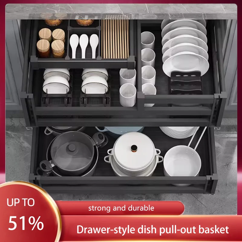 

Kitchen Cabinet Space Aluminum Drawer Type Bowl Basket Drawer Type Multi-Layer Cabinet Damping Rack Seasoning Pull Basket