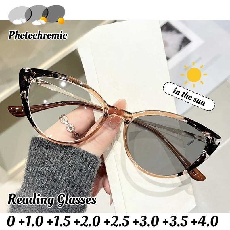 

Men Women Fashion Luxury Cat Eye Photochromic Reading Glasses Retro New HD Anti Blue Light Reading Presbyopia Glasses To+3.5+4.0