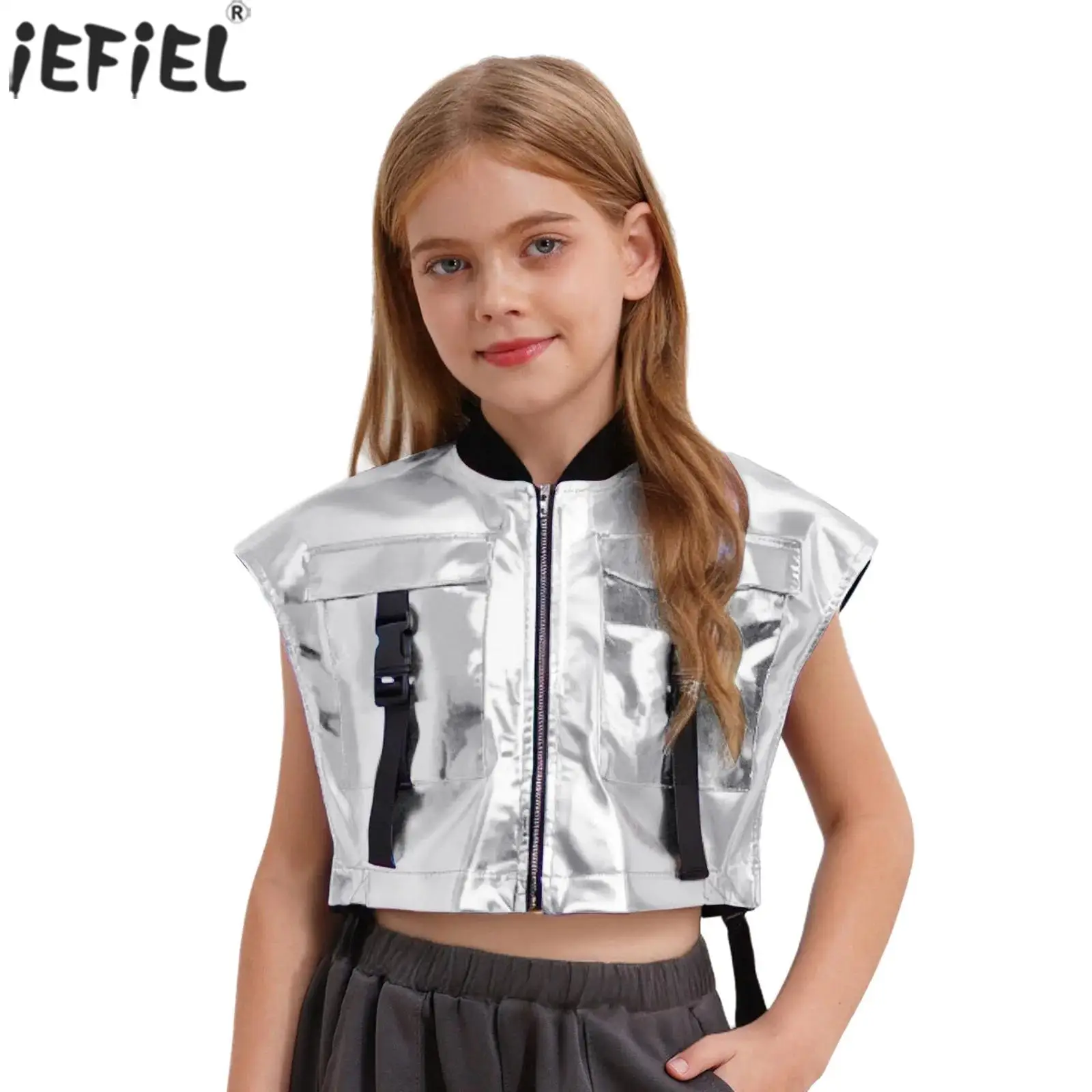 Kids Girls Metallic Jazz Hip Hop Dance Vest Top Sleeveless Zipper Shiny Jacket with Buckle Pockets Streetwear Choir Dancewear