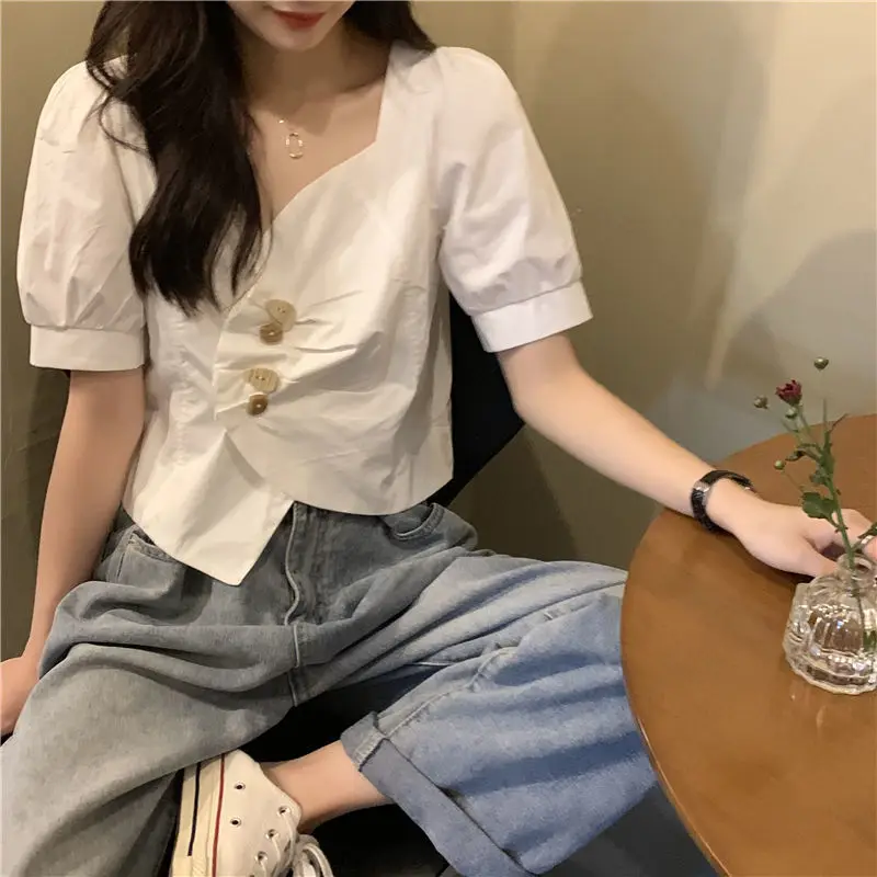 Summer and Autumn Casual Pure Color Design Bubble Short Sleeved Tops Irregular V-Neck Short White Shirt for Women