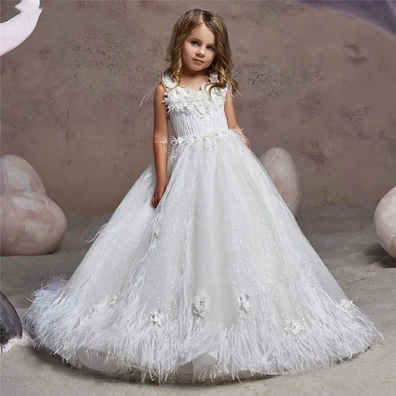 

White Sleeveless Feather Sequin Tulle Lace Flower Girl Dress For Wedding Cute Little Princess Children Prom Ball Birthday Gowns