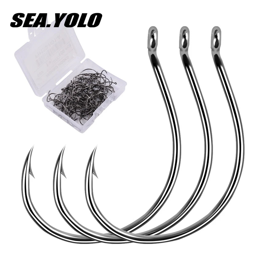 

Sea. Yolo 100pcs/box Lure Hook High Carbon Steel Barbed Fishing Hook with Crooked Mouth Ring and Hole Fishing Hook Fishing Gear