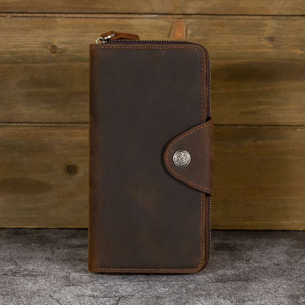 

YH7036 Crazy Horse Leather Men's Zipper Wallet Buckle Multi Card Position Head Layer Leather Retro Wallet Clip
