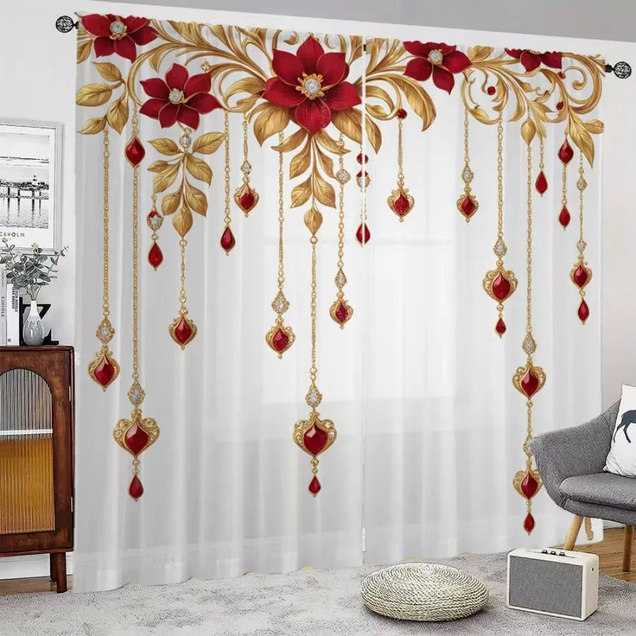 2PCS Digital Print Sheer Curtains, Lovely Red Gold Flower Pendant, Luxury Ornate Floral Style for Bedroom Living Room Home Decor view 4