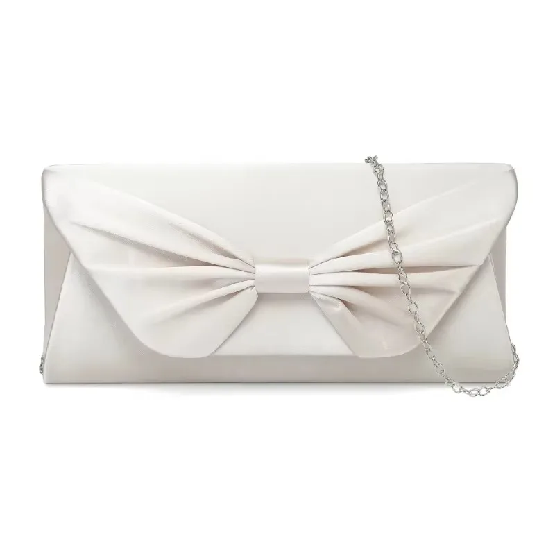 

White Satin Wedding Bags for Women Elegant Bow Knot White Beige Evening Clutch Formal Party Glossy Purse Carteras Para Mujer