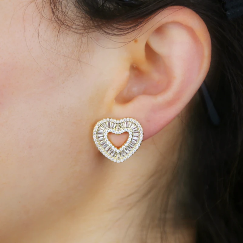 2025 New Full Iced Out Bling Micro Pave Cubic Zircon 5A CZ Lovely Hollow Heart Earrings For Women Girls Fashion Wedding Jewelry