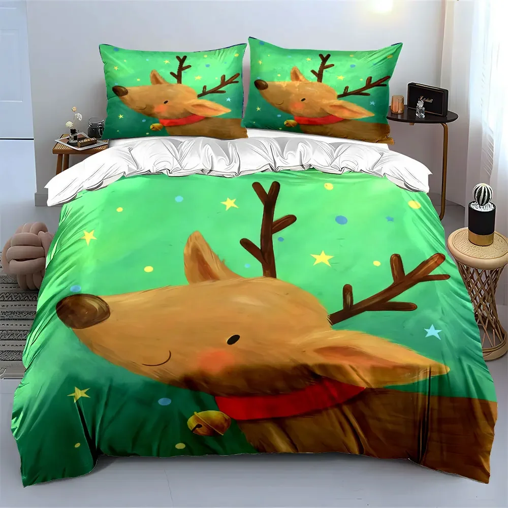 3Pcs Whimsical Reindeer Bedding Set, Cute Christmas Reindeer with Bell Print Duvet Cover, Cheerful Kids Bedroom Decor