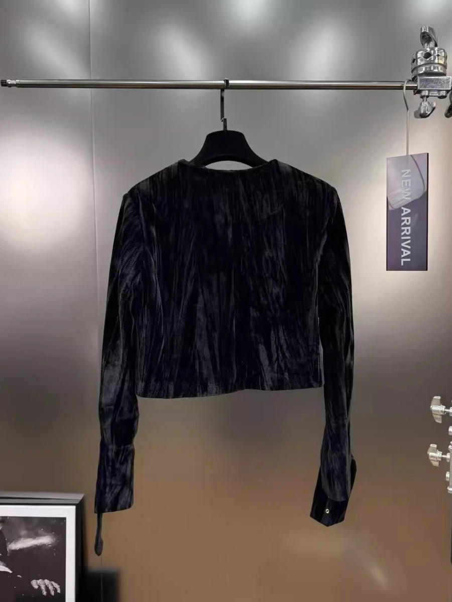 CHICEVER الفرنسية الفاخرة المخملية معطف قصير للنساء س الرقبة طويلة الأكمام المرقعة مشبك معدني أنيقة الرجعية سترة الإناث جديد