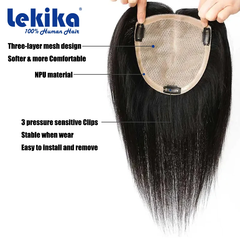 Topper Rambut Manusia Slik & Basis NPu Rambut Eropa Remy Lurus Basis Sutra Full Hand Tied Lembut Bernapas dengan Klip