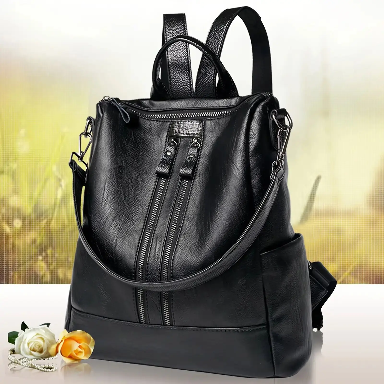 Mochila feminina macia de couro preta, casual, multifuncional, bolsa universitária, grande capacidade, bolsa de ombro, mochila de viagem