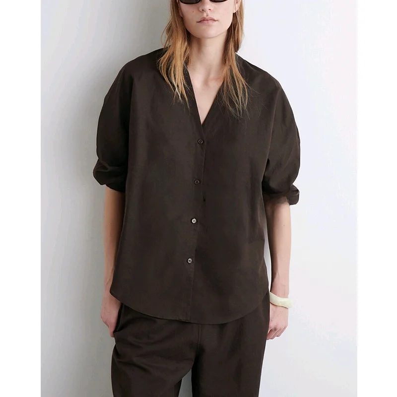 เสื้อผ้าผู้หญิงสำหรับฤดูร้อนใหม่ แขนเดี่ยว คอวี 7/8 แขนยาว ทรงลำลอง ผ้าลินินผสม โพลีเอสเตอร์ 00%