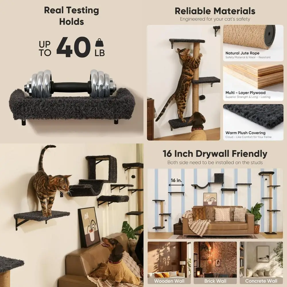 

Настенные полки для кошек UKUMARU, стабильный и набор урожас для кошек Sae 4 в 1, деревянная подставка для когтеточки или 16-дюймовый гипсокартон — серый