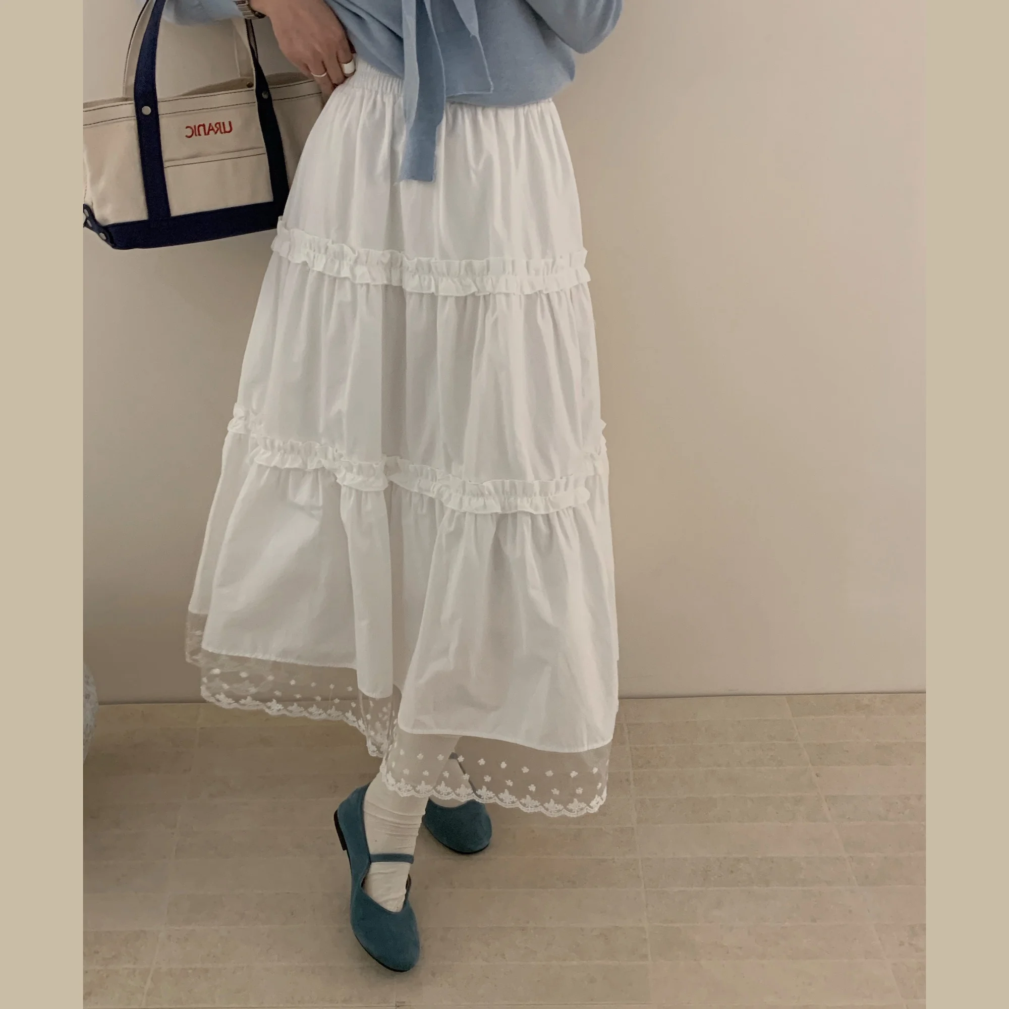 High Elastic Waist Long Skirt for Women Korean Style Streetwear Lace Patch A-line Skirts Female Summer Midi Skirts Female(T3541)