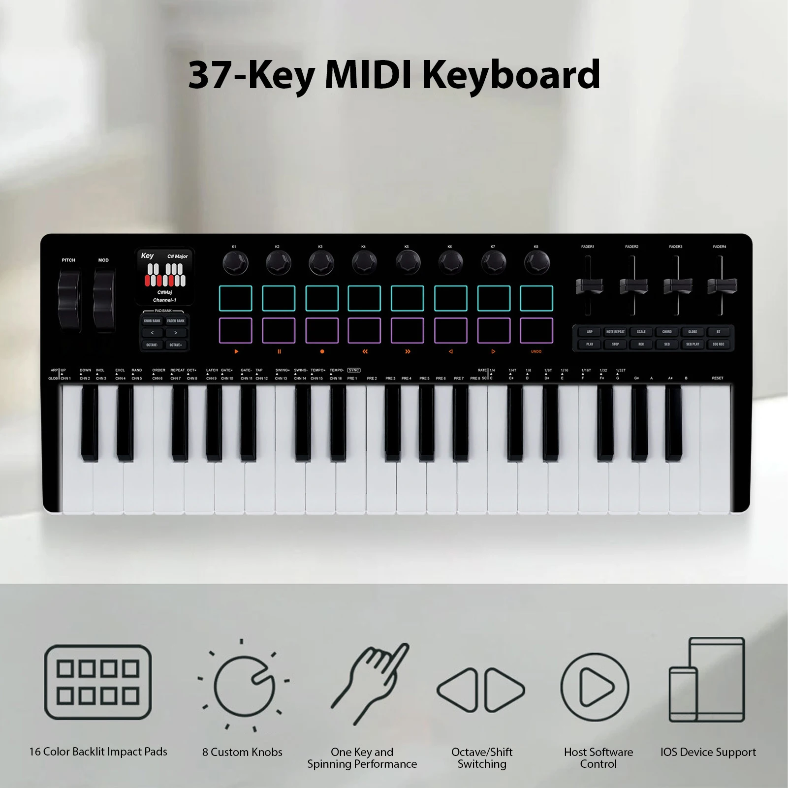 

M-VAVE 37-key MIDI Controller SMK-37 PRO BT Wireless MIDI keyboard with 16 Backlit Drum Pad 8 Knob 4 Faders for Music Production