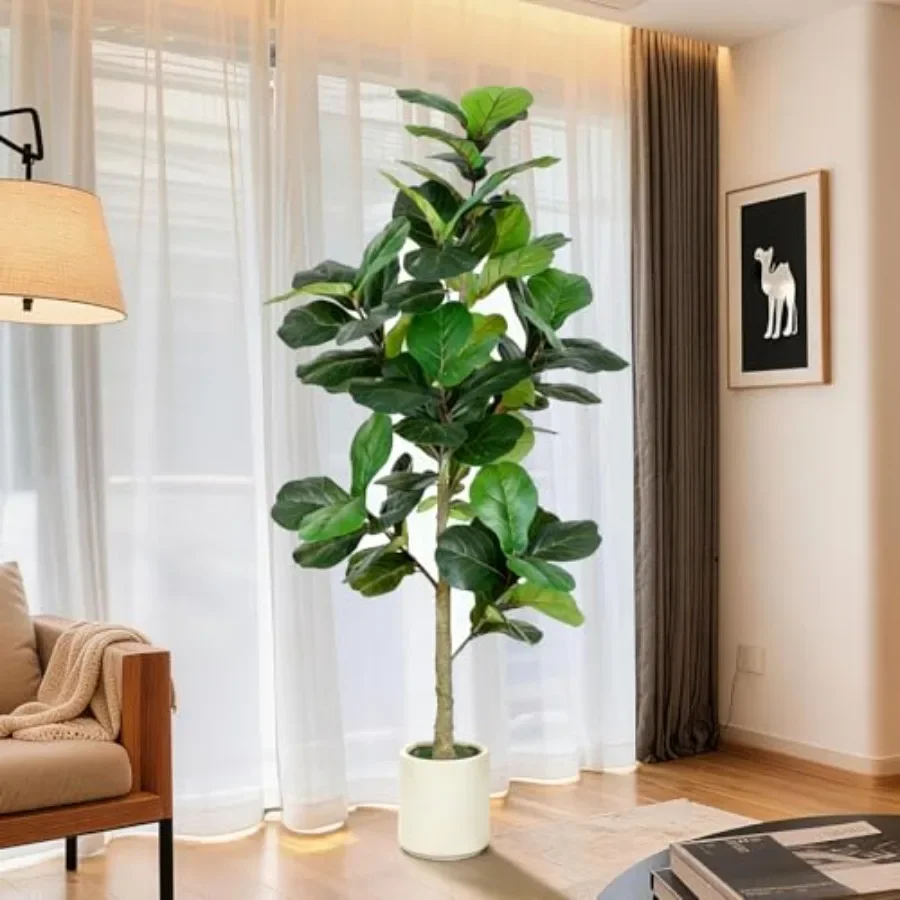 6Feet Fiddle Leaf Fig Artificial Tree with White Planter Pot, Indoor and Outdoor Use, Realistic Faux Floor Plant for Home Offic
