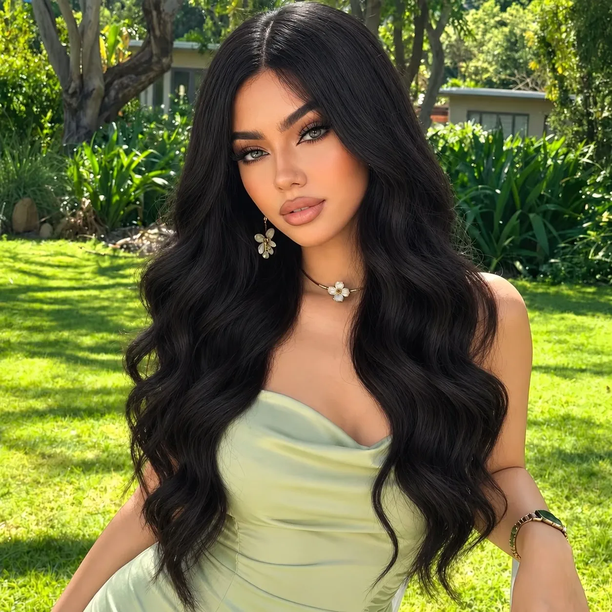 Women's long black wavy wig, long-layered synthetic wig, medium wave stylish hair cover, suitable for daily wear