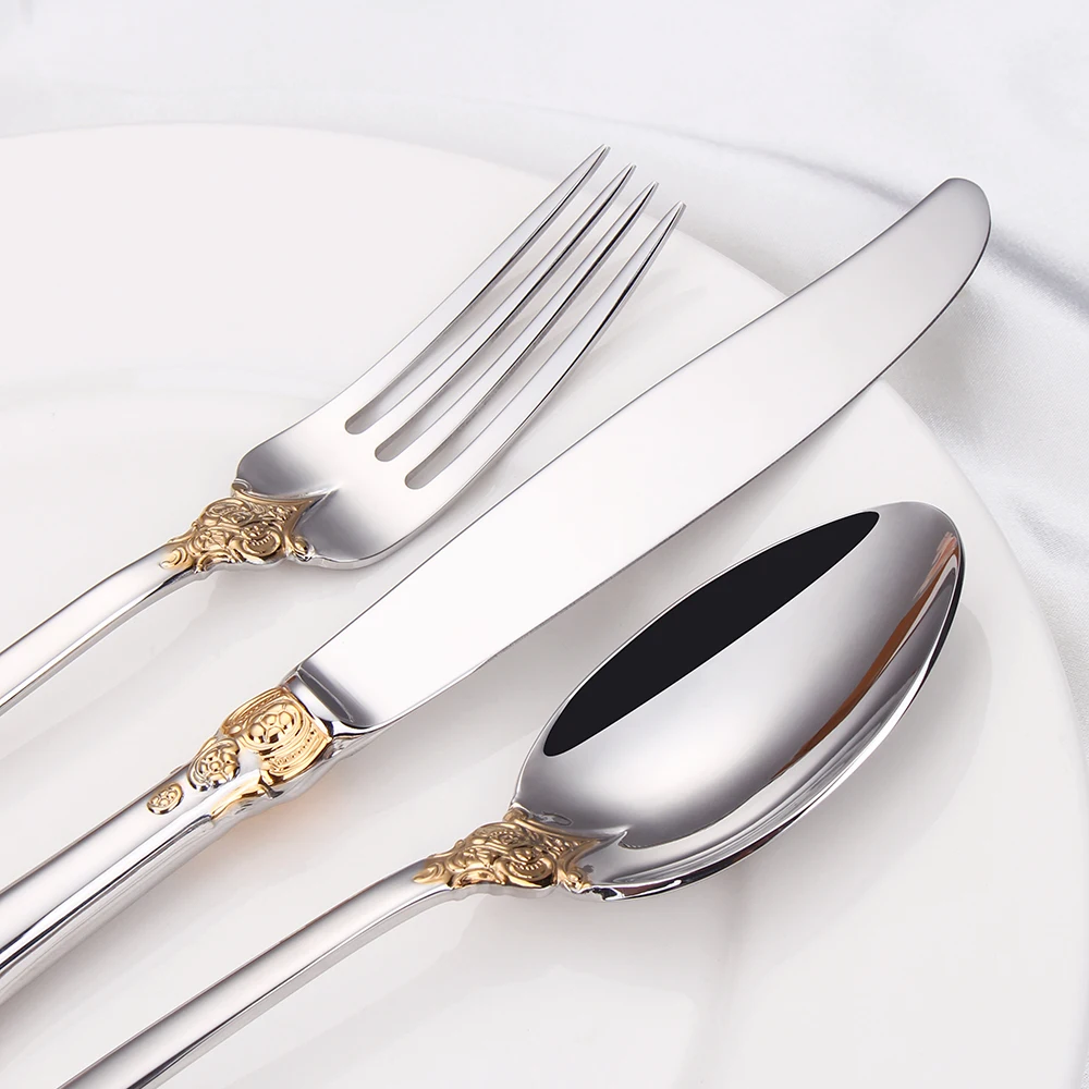 Stainless Steel Silver Flatware Set, Vintage Cutlery, Hollow Handle, Silverware for Wedding, Baroque, 18/10, Glossy Gold