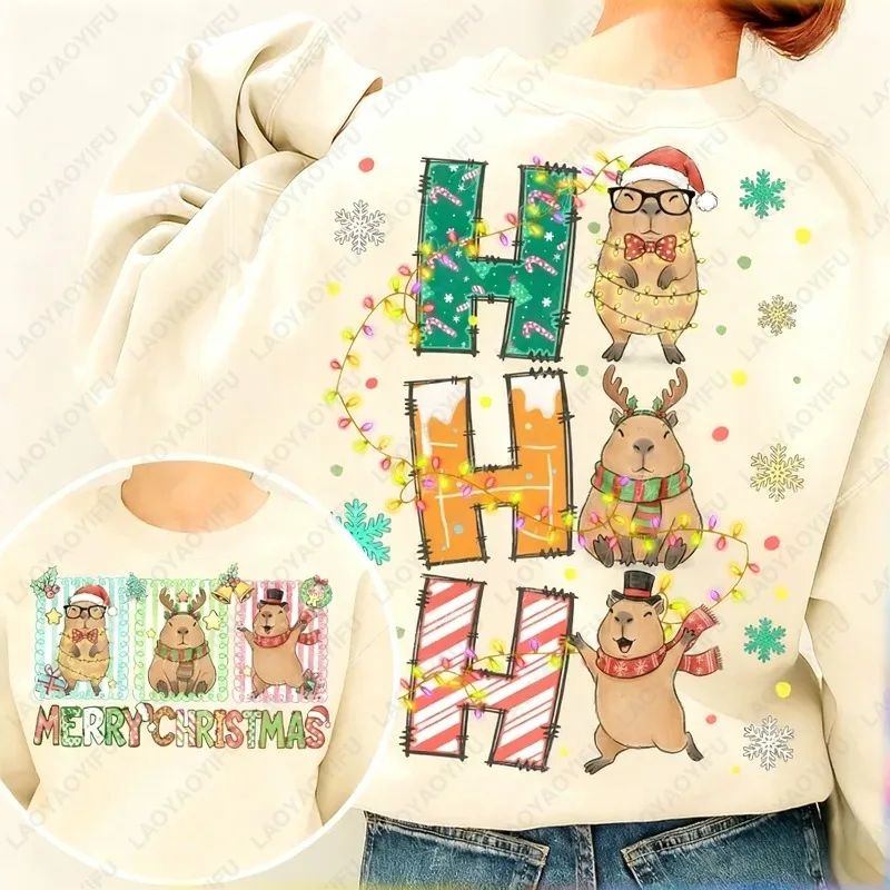 مضحك هو هو هو عيد ميلاد سعيد كابيبارا الحيوانات Clipart الظهر منقوشة البلوز عطلة العصرية عيد الميلاد قبعة الأيائل لطيف المرأة هوديي #2